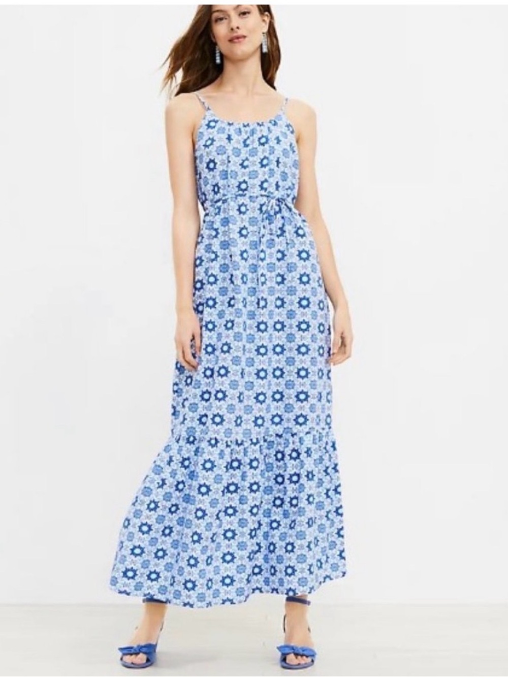 LOFT Blue and White Strappy Flounce Maxi Dress Size S